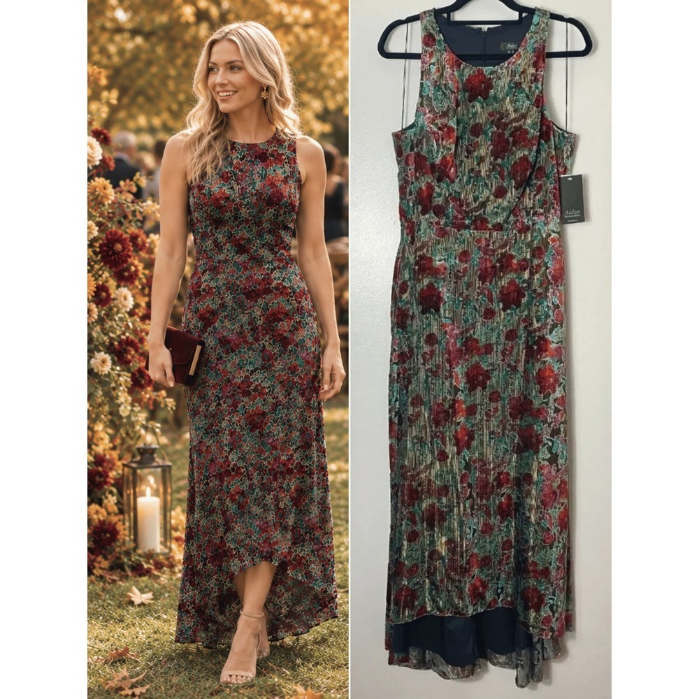 Aidan Mattox Dress 14 Red Green Gold Burnout Velvet Floral Festive Holidays Glam